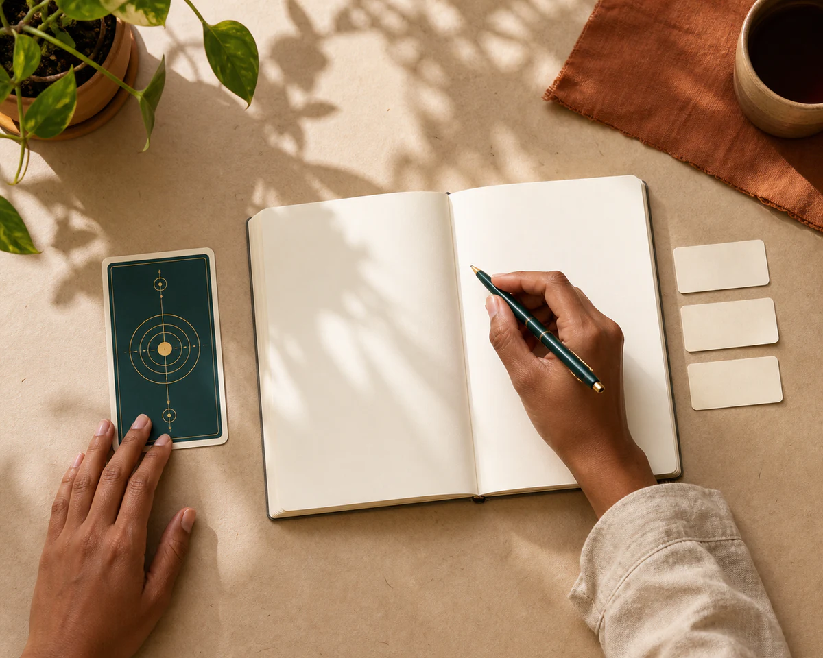 Duas mãos junto a um caderno aberto, uma caneta verde e uma carta verde-petróleo sobre uma mesa clara em luz natural.