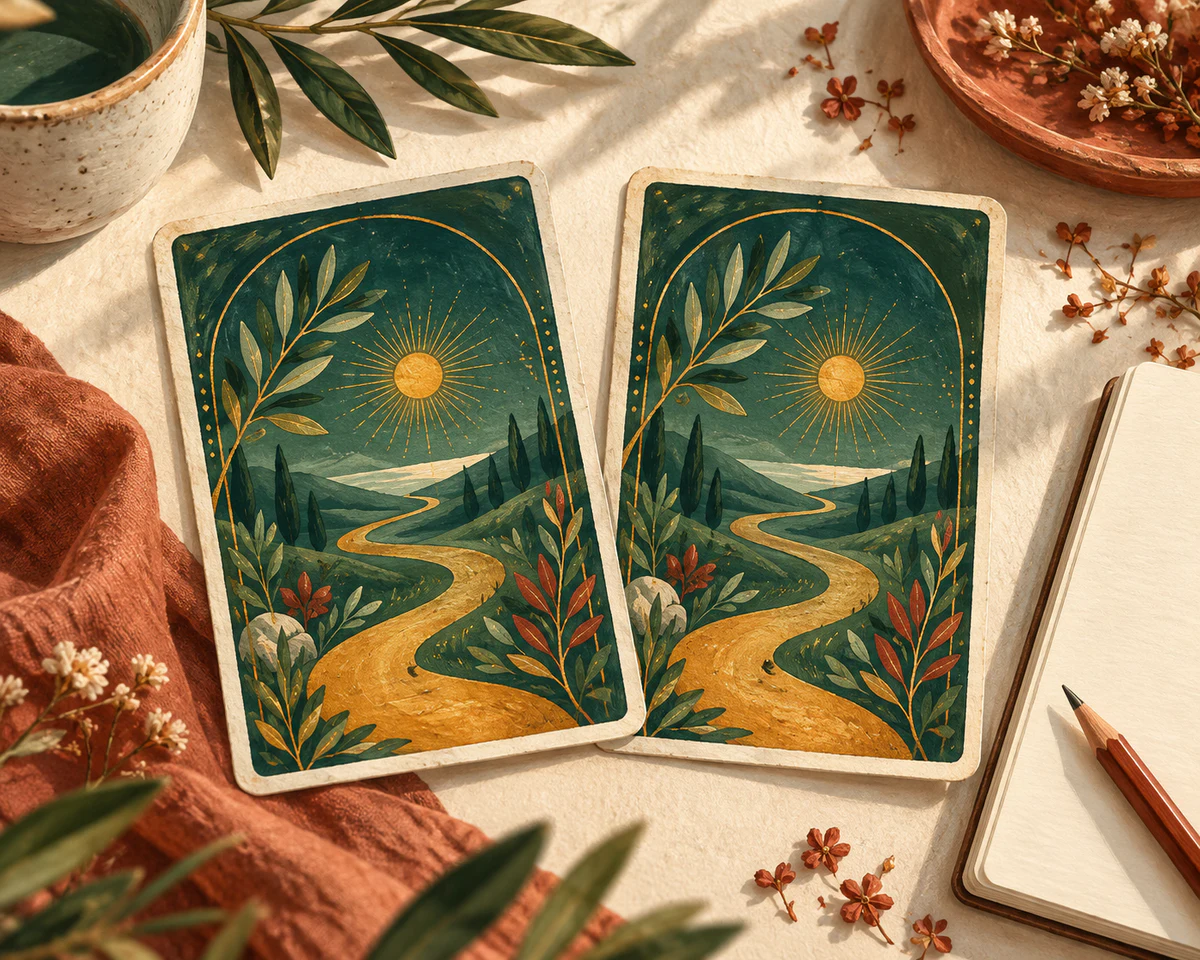 Duas cartas ilustradas repetem um caminho dourado entre montanhas sob o sol, ao lado de um caderno aberto e um lápis.