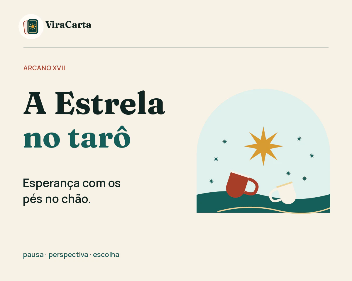 Capa editorial em papel claro e verde-petróleo com o título “A Estrela no tarô”, o subtítulo “Esperança com os pés no chão” e uma composição geométrica de estrela de oito pontas, dois recipientes e linhas de água.