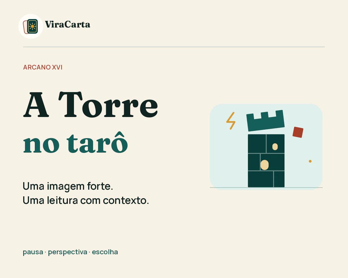 Capa editorial em papel claro com a marca oficial ViraCarta, o título “A Torre no tarô”, a indicação “Arcano XVI” e a frase “Uma imagem forte. Uma leitura com contexto”. À direita, uma torre geométrica verde tem blocos superiores deslocados e um pequeno raio dourado.
