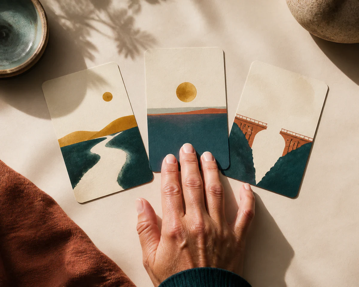 Uma mão observa três cartas ilustradas com um caminho, um horizonte e uma ponte interrompida.